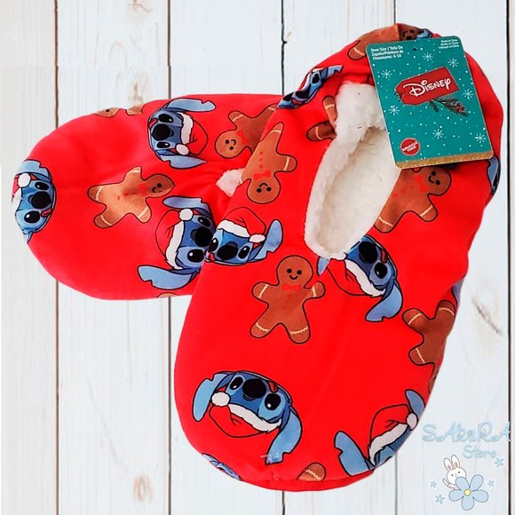NWT LILO & STITCH CHRISTMAS WINTER WARM WOMEN'S RED SLIPPERS SOCKS WITH GRIPPERS - Picture 1 of 7